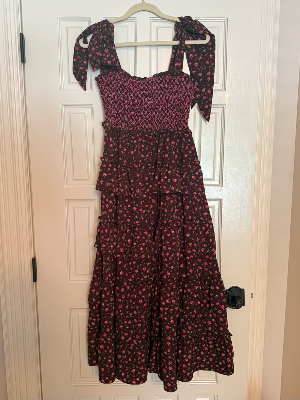 Talulah Smocked Tie-Shoulder Maxi Dress in Brown with Pink Floral Print